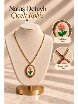 Mdm Style Çiçek Desenli Gold Renk Oval Kolye