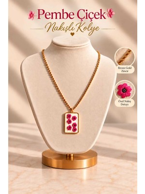 Mdm Style Pembe Çiçek Desenli Gold Renk Kolye