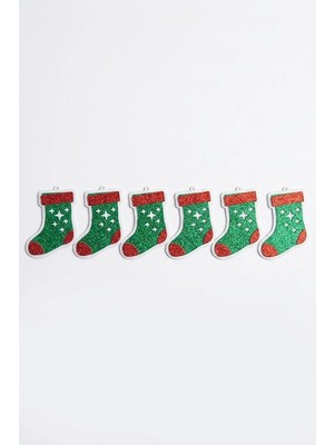 Simli Noel Çorabı Yılbaşı Ağacı Süsü 6'lı Set - Yeşil Kırmızı Yıldızlı Asma Süs