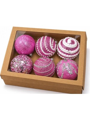 Lüks Kutulu 6'lı Yılbaşı Ağacı Topu 8 cm - Pembe Desenli Design Top Seti