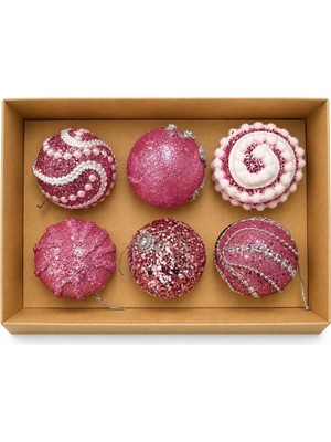 Lüks Kutulu 6'lı Yılbaşı Ağacı Topu 6 cm - Pembe Desenli Design Top Seti