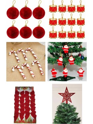 Kırmızı Klasik Yılbaşı Ağacı Süs Seti - Kadife Top, Davul, Baston, Noel Baba, Fiyonk, Tepelik Yıldız