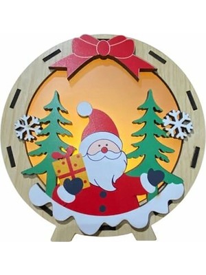 Işıklı Ahşap Oval Yılbaşı Dekoru - Noel Baba Figürlü LED Masa ve Raf Süsü
