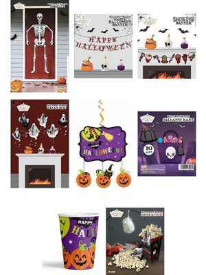 Halloween Bloody Parti Süsleme Seti - Karton Iskelet, Banner, Tavan Süsü, Bardak ve Mısır Kutusu