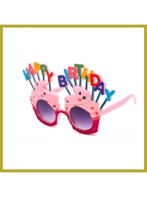 Bezos Happy Birthday Yazılı Pembe Fuşya Renk Pembe Pastalı Parti Gözlüğü 12X7 cm Bcks