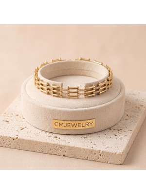 cm Jewelry Vıp Seri 316L Çelik Gold Renk Zirkon Taş Bağlantılı Geometrik Çubuk Model Bileklik 17+2 cm