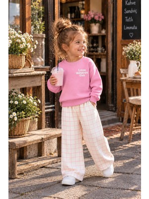 Cg Kids Little Wanderers Kabartma Sırt Baskılı Sweatshirt ve Ekose Eşofman Kız Çocuk 3ip Alt Üst Takım