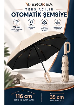 Veroksa Ters Açılır Tam Otomatik Şemsiye 116 cm Geniş Çaplı Rüzgara Dayanıklı Yağmur Şemsiyesi Karabina Saplı Katlanır Unisex