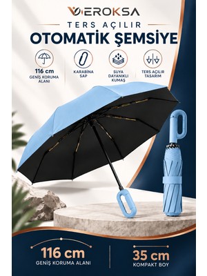 Veroksa Ters Açılır Tam Otomatik Şemsiye 116 cm Geniş Çaplı Rüzgara Dayanıklı Yağmur Şemsiyesi Karabina Saplı Katlanır Unisex