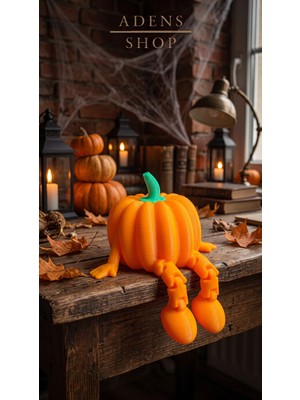 Adens Shop 3D Baskı Eklemli Oturan Balkabağı Masa & Raf Süsü – Cadılar Bayramı (Halloween) Hareketli Bacaklı Dekoratif Figür
