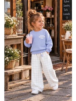 Cg Kids Little Wanderers Lila Kabartma Sırt Baskılı Sweatshirt ve Ekose Eşofman Kız Çocuk 3ip Alt Üst Takım