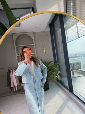 Budi Home Gold Düğme Detaylı Kısa Ceket & Etek Takım - Mavi