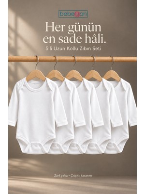 Bebeqon 5’li Beyaz Uzun Kollu Bebek Zıbın Seti %100 Pamuk Zarf Yaka Çıtçıtlı Unisex Body