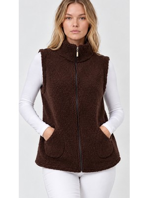 Etki Moda Kadın Kahverengi Dik Yaka Fermuarlı Polar Yelek