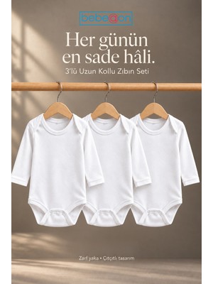 Bebeqon 3’lü Beyaz Uzun Kollu Bebek Zıbın Seti %100 Pamuk Zarf Yaka Çıtçıtlı Body
