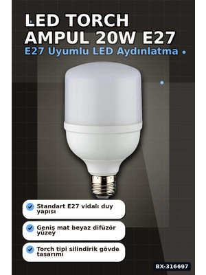 Eco Lounge LED Torch Ampul 20W 3200K Gün Işığı E27 Duy 1980 Lümen Ev Ofis Aydınlatması 1 Adet BX-316697