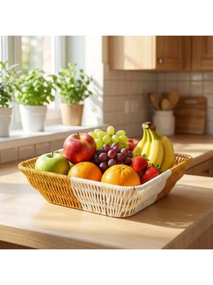 Eco Lounge Kare Çift Renkli Plastik Rattan Ekmek ve Meyve Sepeti - Çok Amaçlı Banyo ve Mutfak Düzenleyici - Yıkanabilir Tezgâh Üstü Organizer BX40