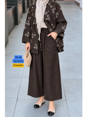 Balenbi Kadın Çiçek Desenli Oversize Ceket ve Bol Paça Pantolon Kot Tesettür Takım 3850 - Premium Seri