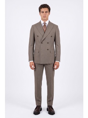 HC MEN CLASSIC Erkek Bej Çizgili Comfort Fit Kruvaze Takım Elbise - Viskon Karışımlı
