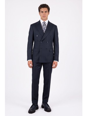 HC MEN CLASSIC Erkek Lacivert Çizgili Comfort Fit Kruvaze Takım Elbise