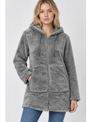 Etki Moda Kadın Kapşonlu Uzun Peluş Ceket