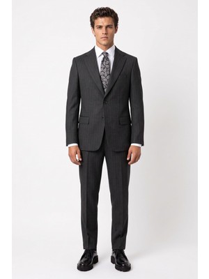 HC MEN CLASSIC Erkek Füme Çizgili Comfort Fit Takım Elbise