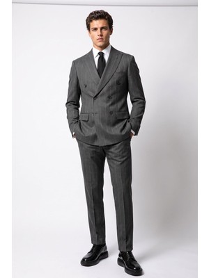HC MEN CLASSIC Erkek Füme Çizgili Comfort Fit Kruvaze Takım Elbise