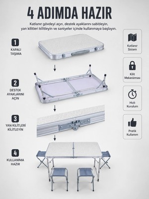 Eco Lounge Valiz Tipi Katlanabilir Piknik Masası 4 Tabureli Taşınabilir Kamp Masası