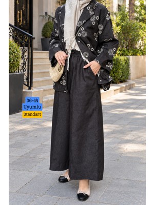 Balenbi Kadın Çiçek Desenli Oversize Ceket ve Bol Paça Pantolon Kot Tesettür Takım 3850 - Premium Seri