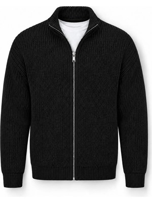 Valiberta Woody Relaxed Fit Selanik Örme Fermuarlı Erkek Hırka - Siyah