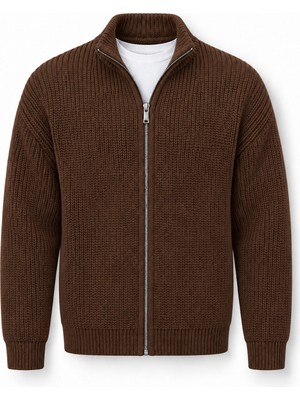Valiberta Woody Relaxed Fit Selanik Örme Fermuarlı Erkek Hırka - Kahve