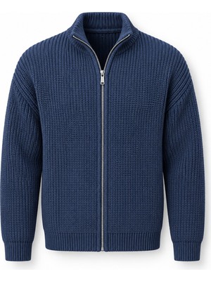 Valiberta Woody Relaxed Fit Selanik Örme Fermuarlı Erkek Hırka - İndigo
