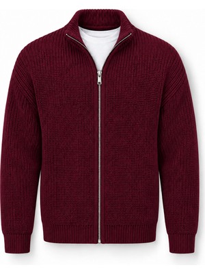 Valiberta Woody Relaxed Fit Selanik Örme Fermuarlı Erkek Hırka - Bordo