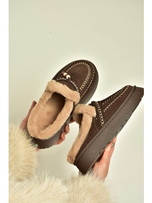 Fox Shoes Z357171661 Kahverengi Süet Hakiki Deri Kürklü Kadın Makosen Terlik