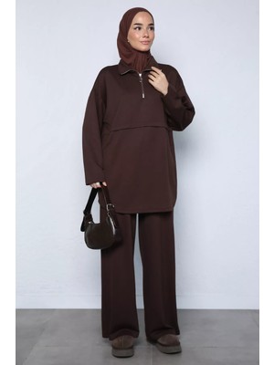 Julude Ön Yarım Fermuarlı Tunik Bel Lastikli Pantolon Tesettür Ikili Takım P-00023670