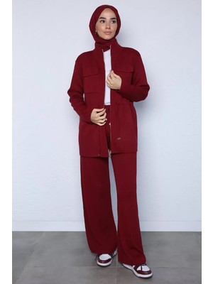 Julude Gülseli Kadın Ön Fermuarlı Ceket Bel Lastikli Pantolon Tesettür Triko Ikili Takım P-00023290