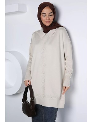 Julude Polo Yaka Inci Detaylı Tesettür Triko Tunik P-00023492