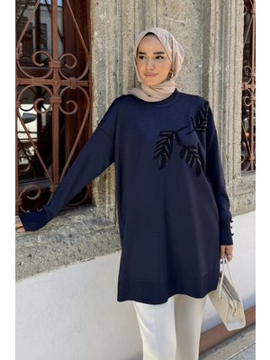 Julude Yaprak Detaylı Tesettür Triko Tunik P-00023591