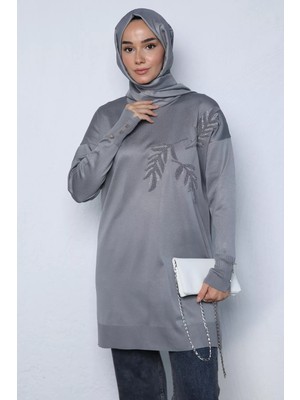 Julude Yaprak Detaylı Tesettür Triko Tunik P-00023591
