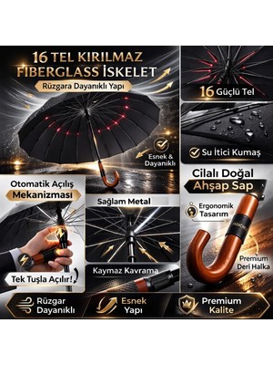 Toptancı Amca Şemsiye 16 Kaburgalı Baston Çelik Şemsiye Özel Deri Işlemeli ve Taşıma Kılıflı Baston 120 cm Çap