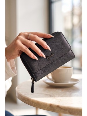 Grande 2754 Siyah Detay Hakiki Deri Kadın Cüzdan Kartlık Clutch
