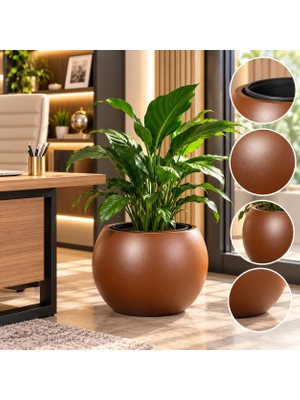Pur Bella Büyük Dekoratif Saksı Kahverengi Küre Model Salon ve Ofis Iç Mekan Bitki Saksısı