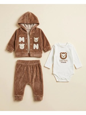 Pakel 3'lü Aslan Nakışlı Erkek Bebek Takım Kadife %100 Pamuklu Baskılı Zıbınlı Body 0-3 Ay 3-6 Ay 6-9 9-12  Ay Yeni Doğan Bebek Takımı Ceket+Pantolon +Zıbın