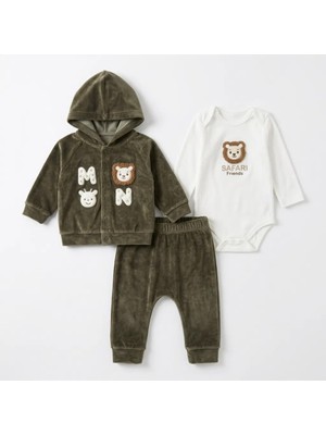 Pakel 3'lü Aslan Nakışlı Erkek Bebek Takım Kadife %100 Pamuklu Baskılı Zıbınlı Body 0-3 Ay 3-6 Ay 6-9 9-12  Ay Yeni Doğan Bebek Takımı Ceket+Pantolon +Zıbın