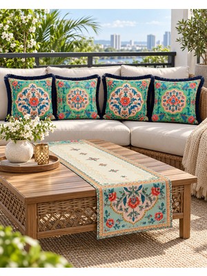 Sunum Luxe Sunumluxe Oriental Bloom Çiçek Desenli Runner + 4’lü Kırlent Kılıfı Kombin Seti