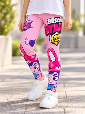 Kamikam Kız Çocuk Pembe Brawl Stars Baskılı Likralı Penye Uzun Tayt