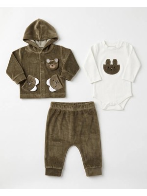 Pakel Ayıcık Nakışlı 3'lü Erkek Bebek Takım Kadife %100 Pamuk Kumaş 0-3 Ay 3-6 Ay 6-9 9 -12 Ay Bebek Takım Ceket+Zıbın+Pijama Yenidoğan Bebek Takım