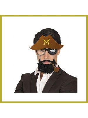 Bezos Kahve Renk Şapkalı Siyah Sakallı Pipolu Jack Sparrow Denizci Korsan Gözlüğü 24X25 cm Bcks