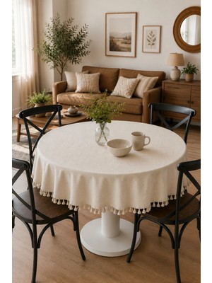 Luxoras Home Keten Püsküllü Yuvarlak Masa Örtüsü Sade Natural - Vintage Bohem Salon Mutfak Masa Örtüsü