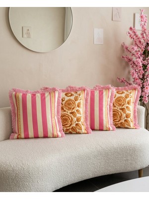 Sunum Luxe Sunumluxe Vintage Gül Desenli Pembe Çizgili 4'lü Saçaklı Kırlent Kılıfı Kombin Set 45x45cm